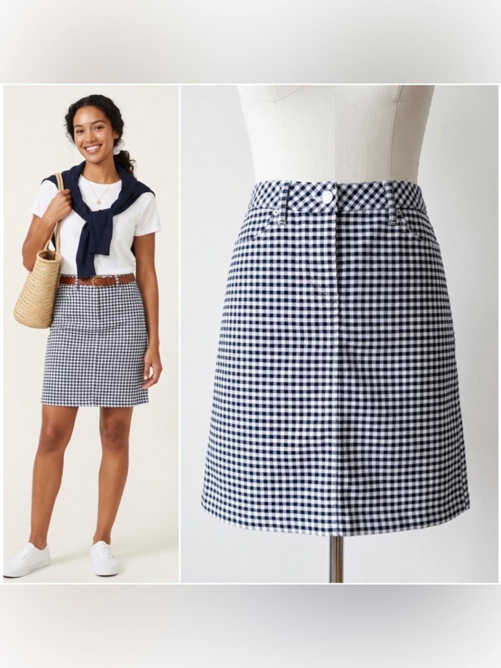 Talbots Navy and White Gingham Denim A-Line Skirt Size 2 Preppy Casual Coastal - Picture 12 of 12